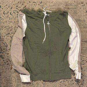 PINK Victoria's Secret Olive Green Hoodie with Light Tan Sleeves and White Logo